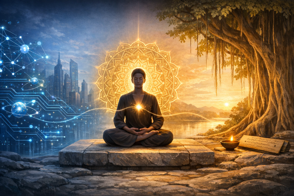Meditator in lotus on a stone platform at sunset, ringed by a golden mandala and heart glow. Left side shows a blue tech city with circuits; right shows a riverbank tree, candle, and scroll.