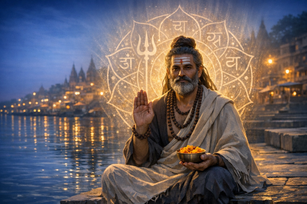 An elder ascetic sits cross-legged on Ganges ghats at dusk, blessing hand raised, marigold bowl in lap, rudraksha beads and forehead tilak, lotus mandala and trident glowing behind, Varanasi lights.