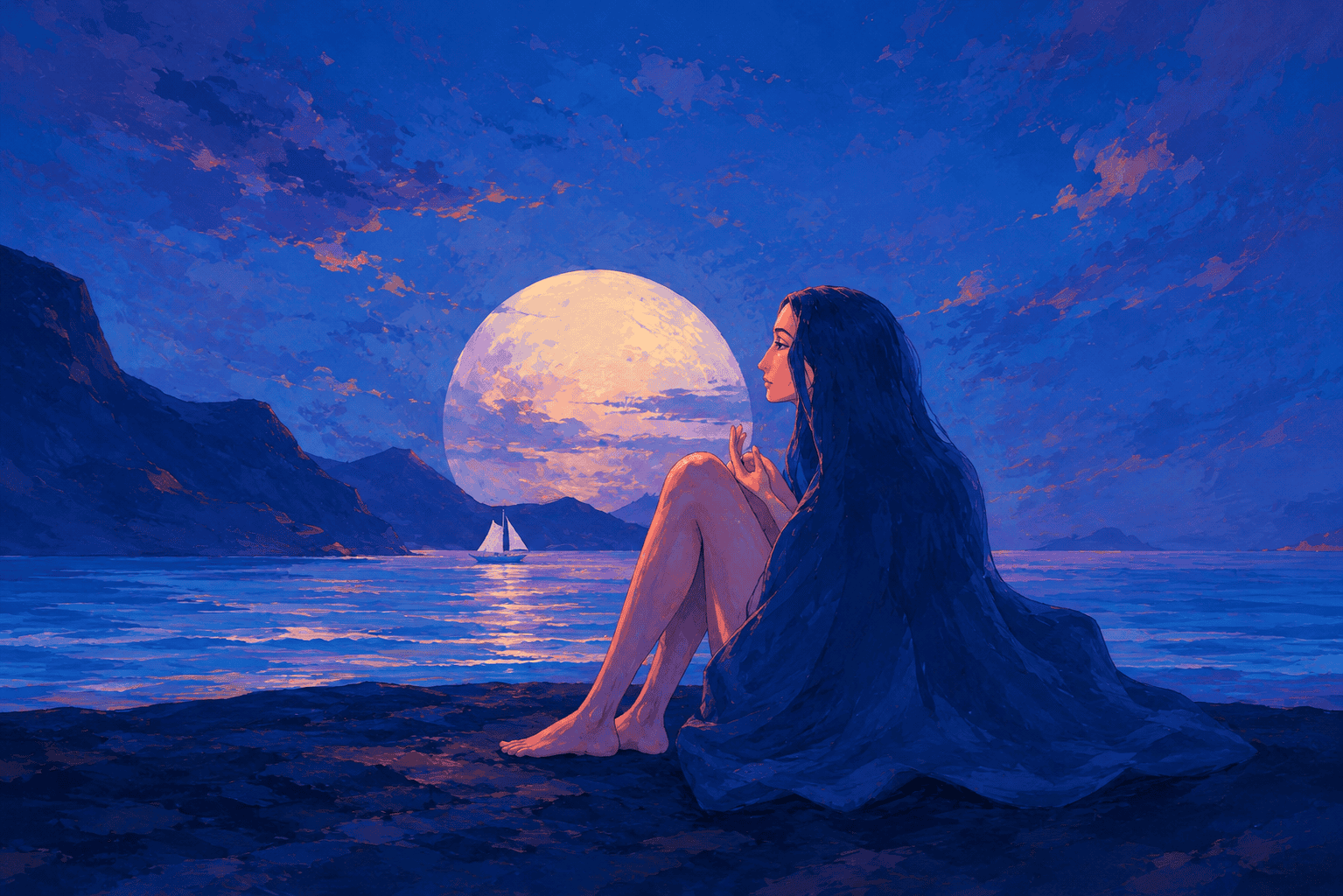 Digital painting of a woman seated barefoot on a moonlit shore, long hair like a cloak, watching a full moon and a distant sailboat, evoking letting go, acceptance, healing from the past, and grief.