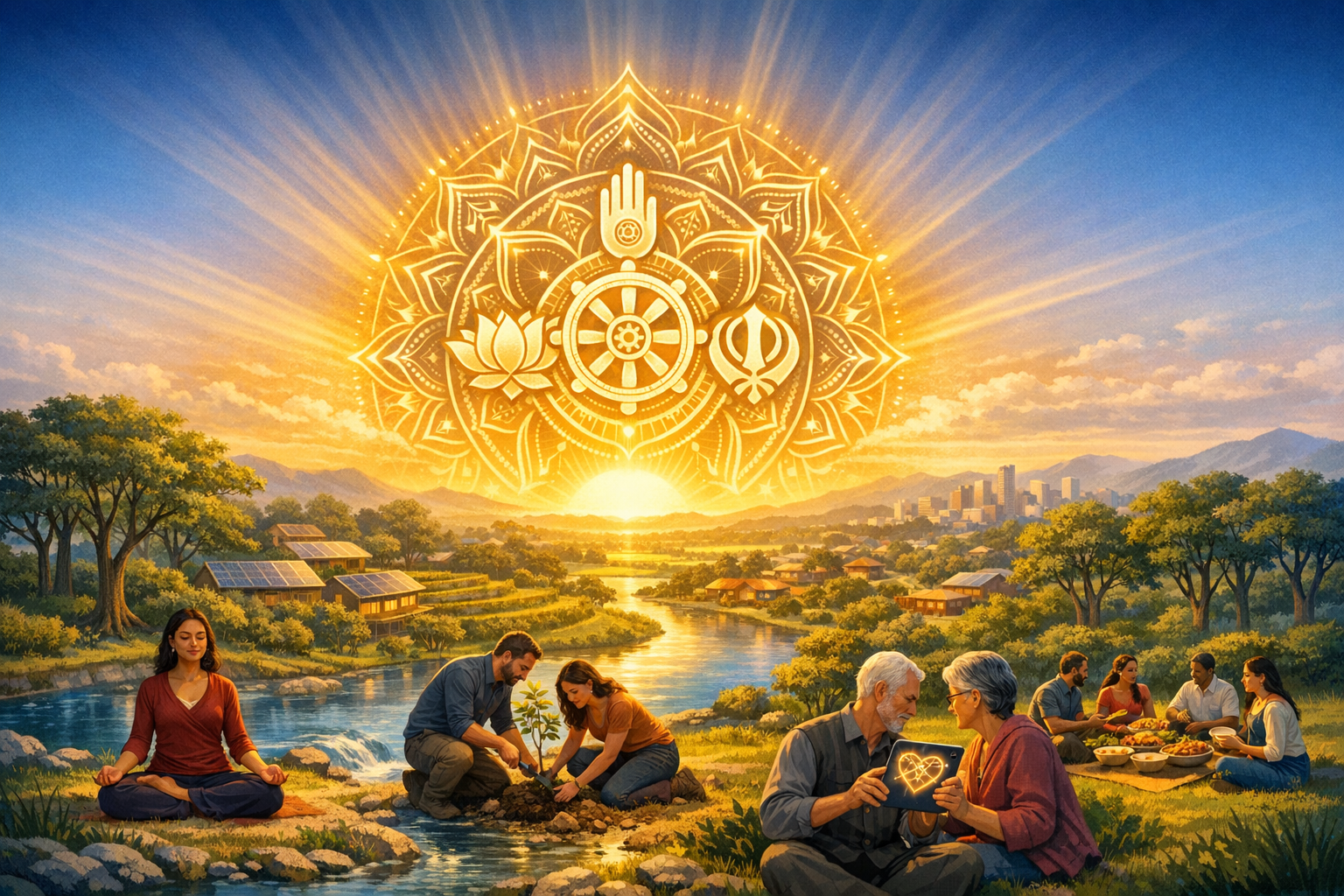 Golden mandala with interfaith symbols shines above a river valley eco-village at sunrise, as people meditate, plant a tree, and share a picnic near solar-panel homes and a distant city skyline.