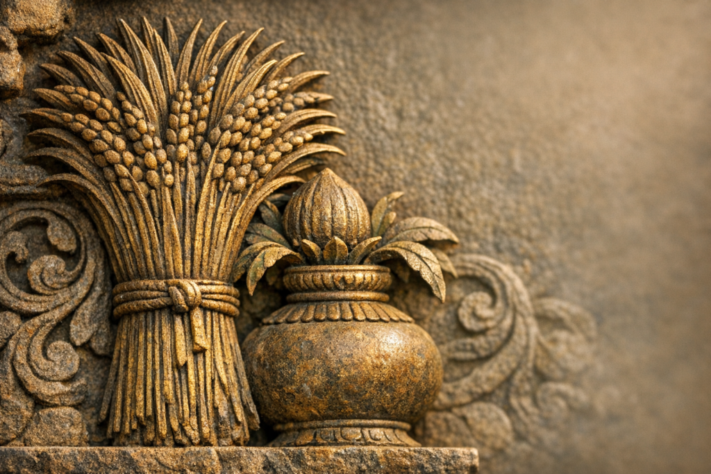 Stone relief sculpture showing a wheat sheaf tied with rope beside a kalash-style ritual pot with leaves and bud, carved in warm sandstone with swirling motifs; heritage craft and harvest symbolism.