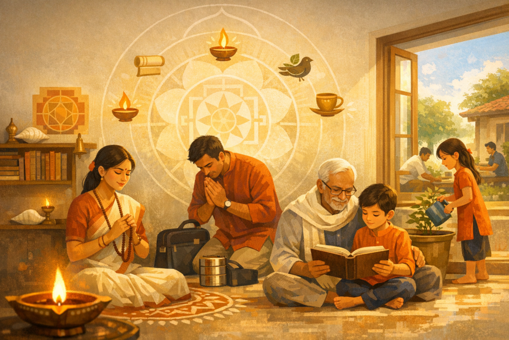 Illustrated traditional home scene: a family prays and studies together. Diyas glow near books and a mandala wall; an elder reads to a boy, while a girl waters a plant by an open, sunlit window.