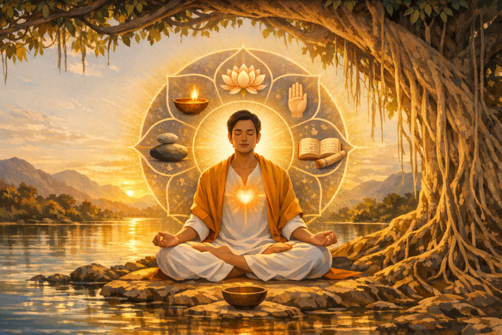 Sunset scene of a person meditating by a river under a banyan tree, heart glowing, with a golden mandala of lotus, lamp, hand, book, and stones, signaling mindfulness, yoga, spirituality, self-care, and wellness.