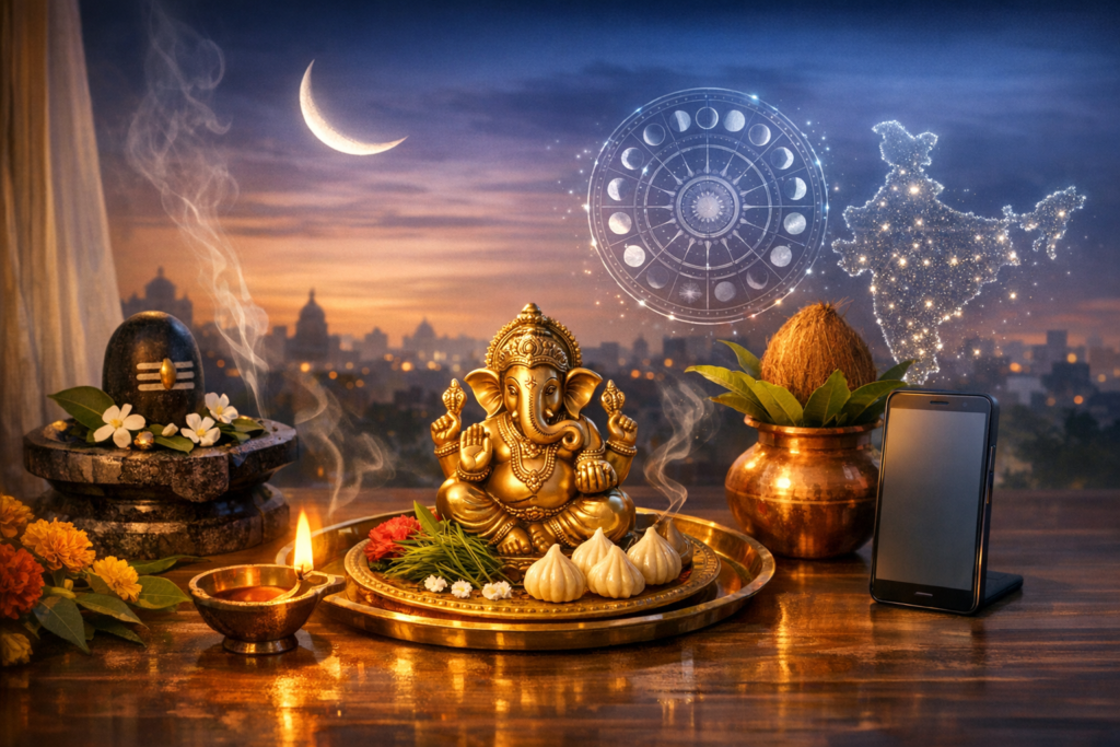 Brass Ganesha on a golden thali with modaks and a lit diya; Shiva lingam, copper kalash, and smartphone nearby; crescent moon, zodiac wheel, and India skyline—Ganesh Chaturthi puja at dusk.