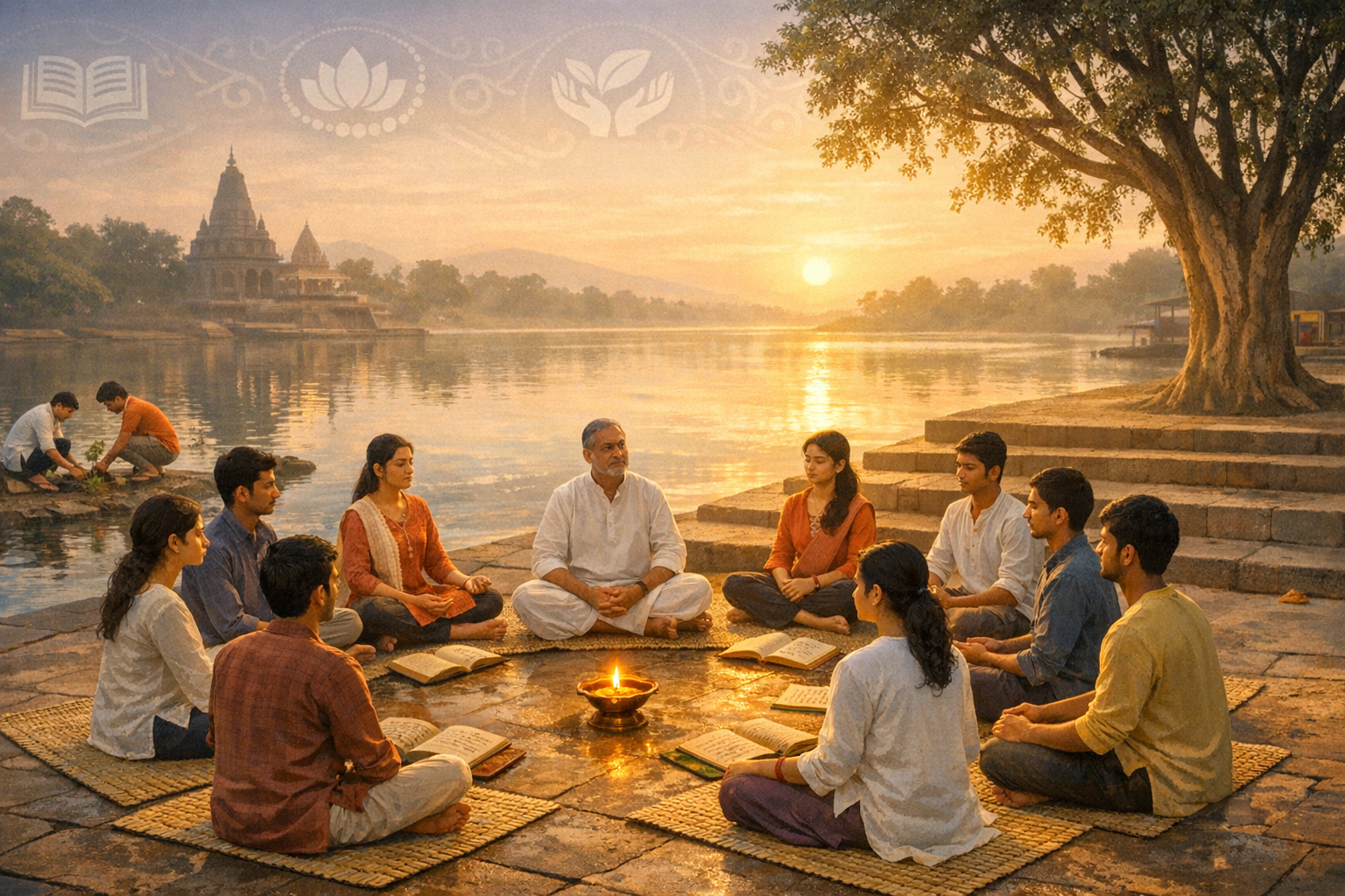 At sunrise on a riverside ghat, a group sits cross-legged in a circle, meditating around an oil lamp with open books, led by a teacher; steps, a large tree and a distant temple reflect in calm water.