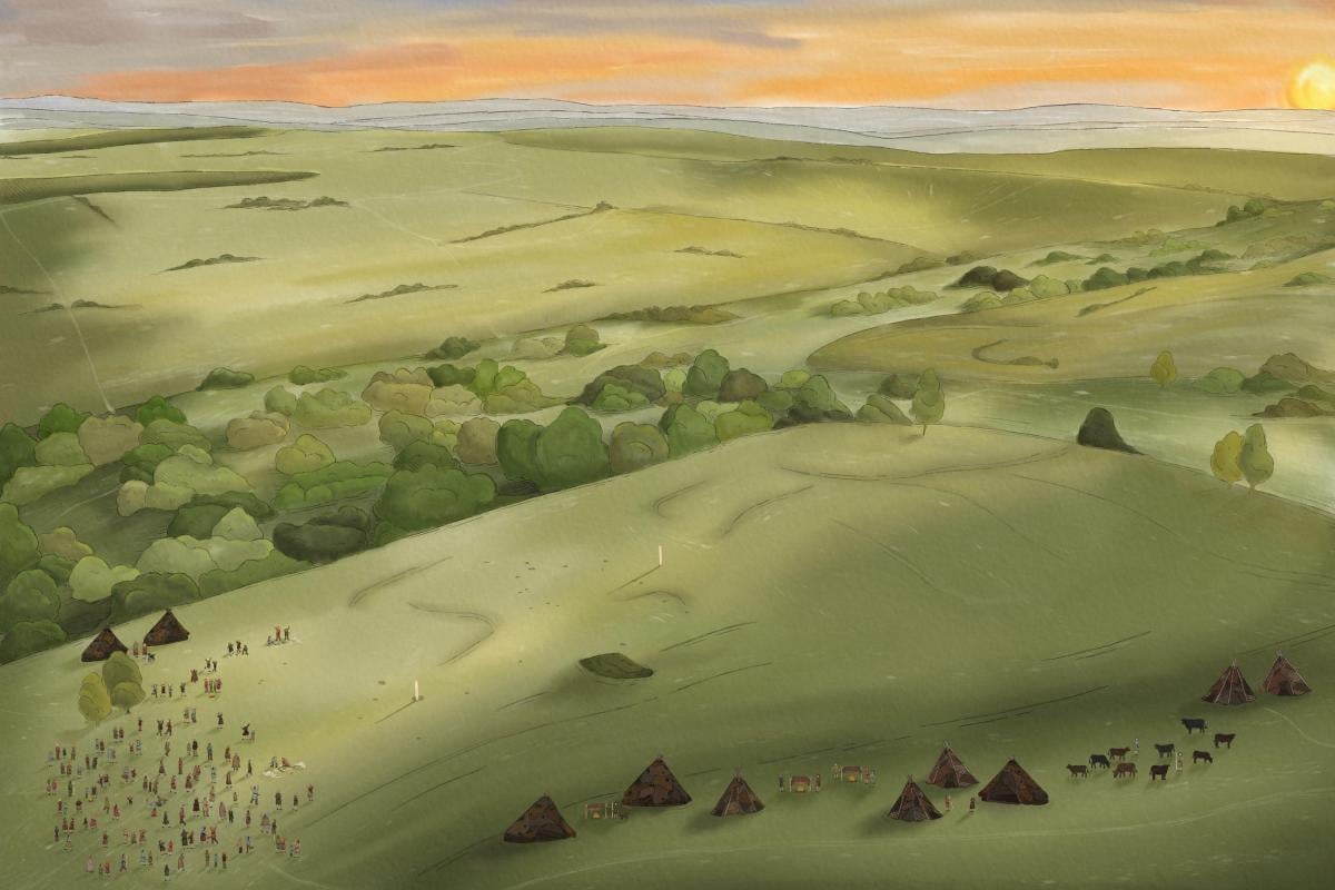 Illustration of a prehistoric downland landscape at sunset, with camps, cattle and two standing stones aligned to the solstice—evoking a 5,000‑year‑old precursor to the Stonehenge Solar Alignment.