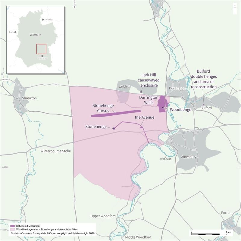 Map of the Stonehenge World Heritage area in Wiltshire, showing Stonehenge, the Avenue, Stonehenge Cursus, Durrington Walls, Woodhenge and Lark Hill causewayed enclosure near the River Avon, context for Stonehenge Solar Alignment.