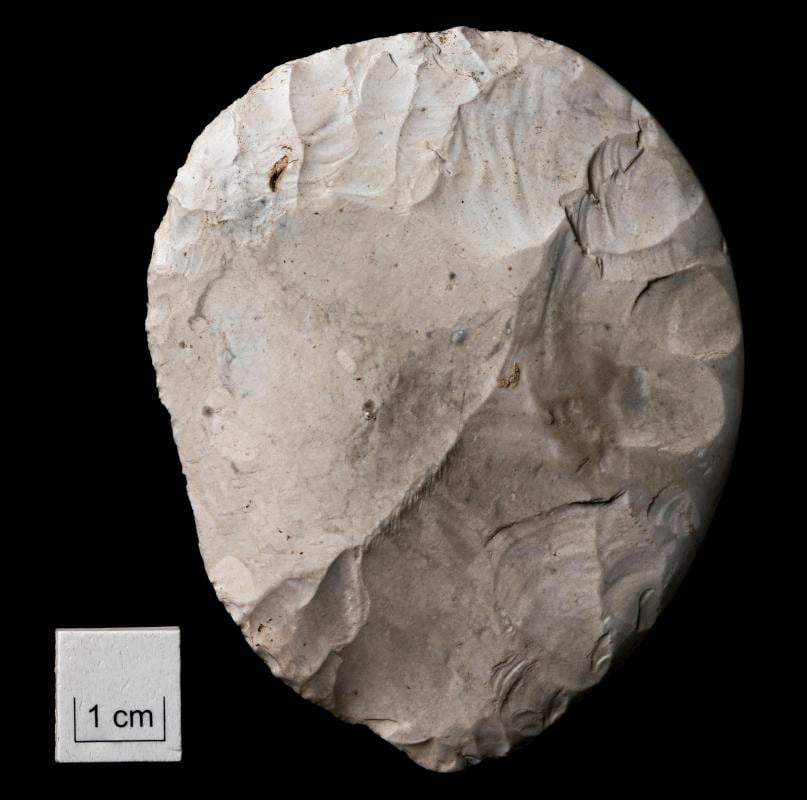 Close-up of a knapped flint artifact with flake scars, set against a black background beside a 1 cm scale, illustrating ancient toolmaking relevant to research on Stonehenge and its solar alignment.