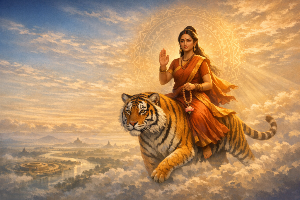 Illustration of a Hindu goddess in saffron sari riding a Bengal tiger above sunlit clouds, haloed by a mandala; blessing hand raised, mala and lotus in hand; Hinduism, Indian culture, spirituality.