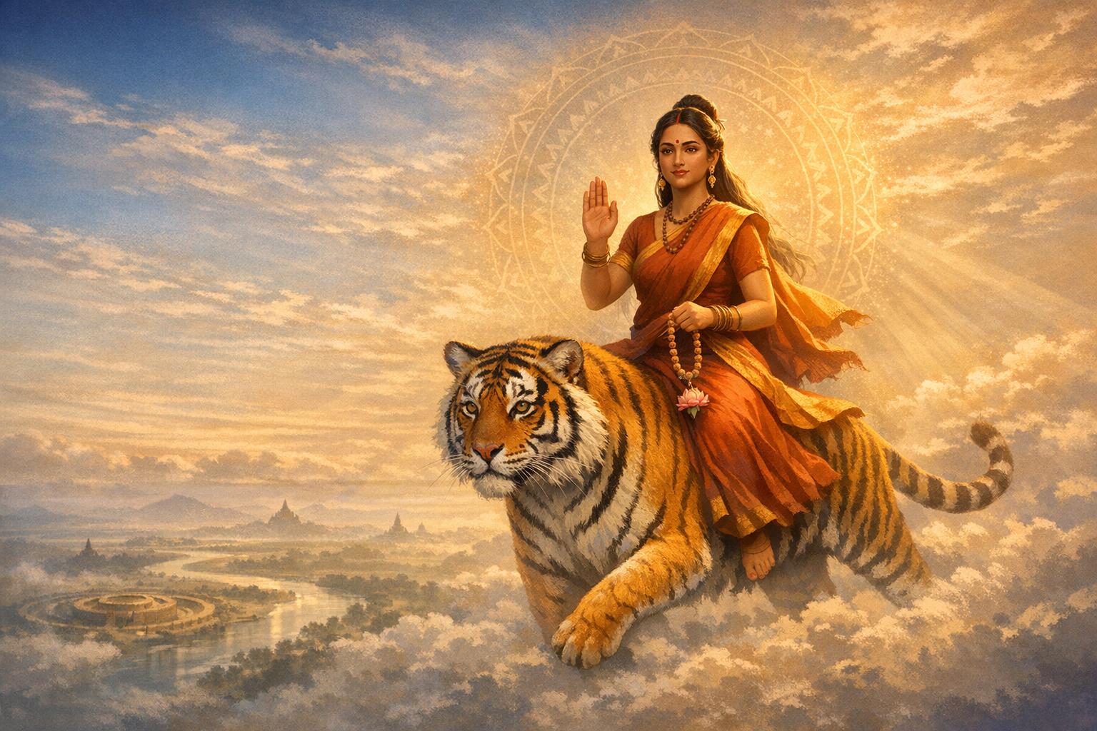 Illustration of a Hindu goddess in saffron sari riding a Bengal tiger above sunlit clouds, haloed by a mandala; blessing hand raised, mala and lotus in hand; Hinduism, Indian culture, spirituality.