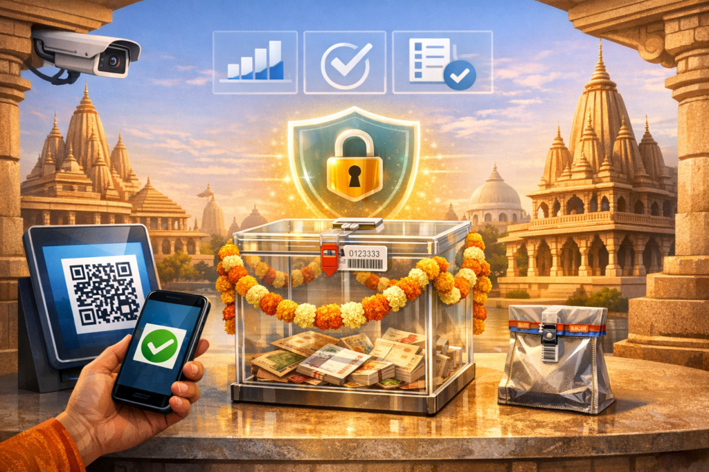 Transparent temple donation box with garland, security seal and barcode beside a sealed cash bag, QR code terminal, and phone payment checkmark, under CCTV icons for safe, transparent giving.