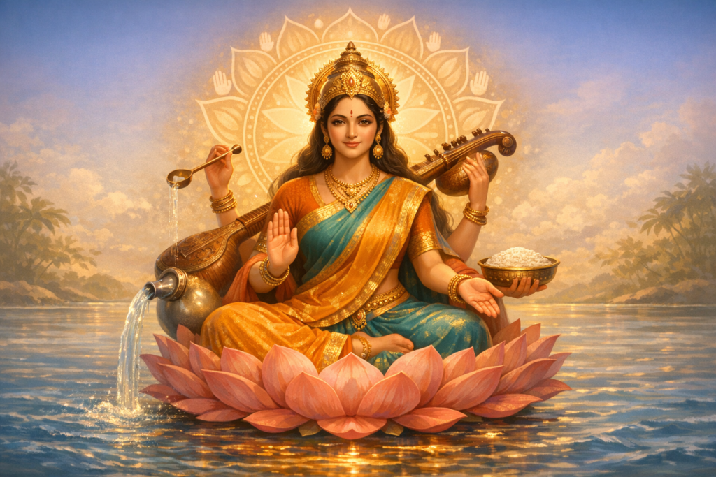 Illustration of a four-armed Hindu goddess seated on a pink lotus floating on water, haloed by a lotus mandala. She holds a veena, a pouring water pot, and a bowl of rice; gold sari and jewelry gleam.