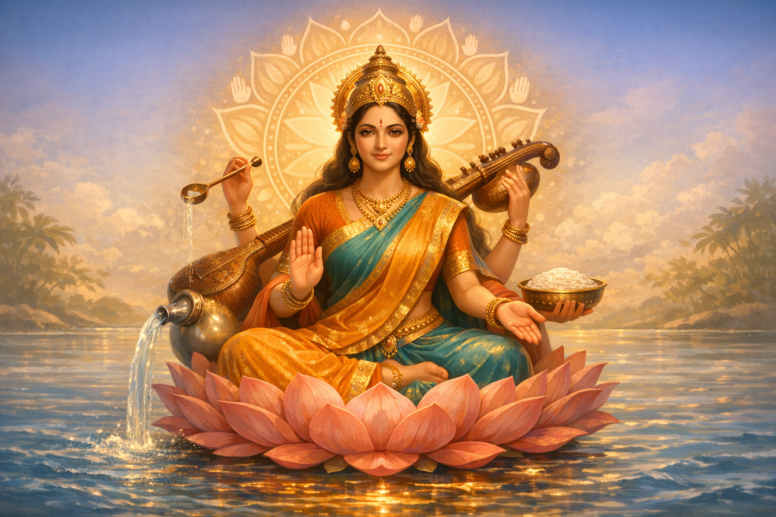 Illustration of a four-armed Hindu goddess seated on a pink lotus floating on water, haloed by a lotus mandala. She holds a veena, a pouring water pot, and a bowl of rice; gold sari and jewelry gleam.