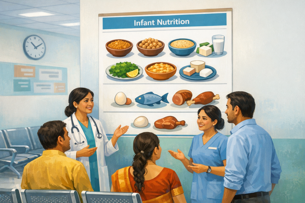 At a clinic, a pediatric doctor and nurse brief caregivers beside an Infant Nutrition poster showing lentils, porridge, milk, tofu, greens, eggs, fish, and meats for a balanced baby diet.