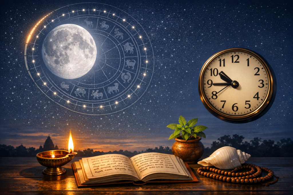 Full moon encircled by a zodiac wheel over a starry sky, with a clock, oil lamp, Sanskrit book, tulsi plant, conch shell and prayer beads on a wooden table—evoking Vedic astrology and lunar timing.