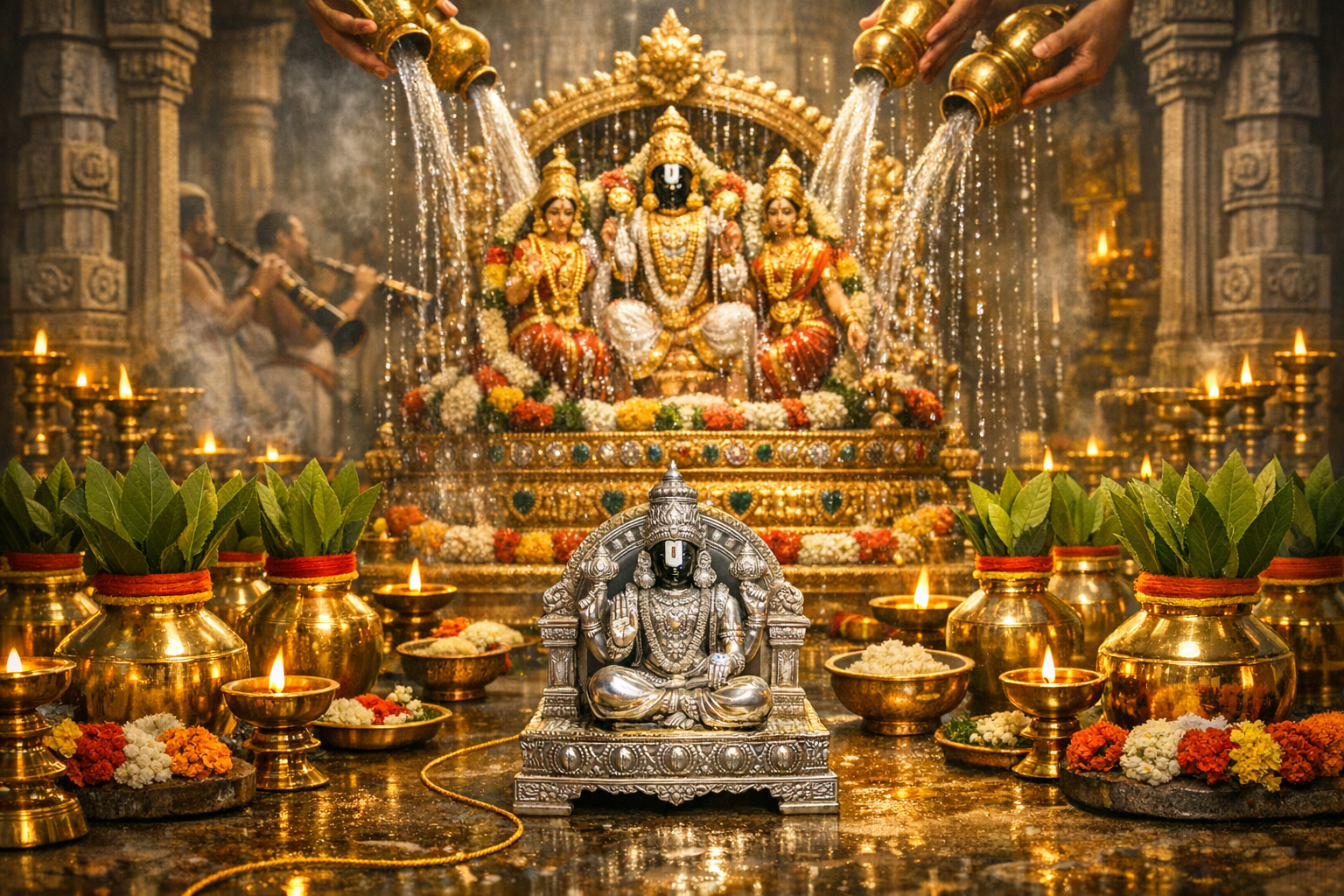 Hindu temple altar with gilded deities bathed in abhishekam as water streams from brass pots; a silver murti before them, lit oil lamps, mango-leaf kalash, and flower garlands.