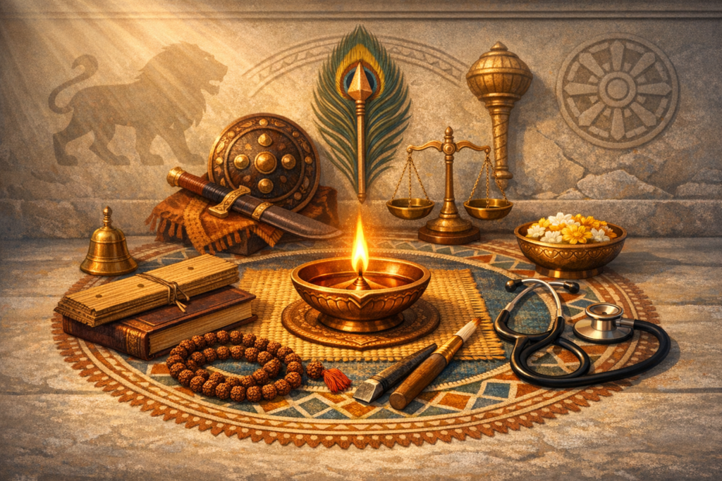 Sunlit still life of a brass oil lamp on a woven mat, with scales of justice, a stethoscope, palm‑leaf manuscripts, a shield and sword, a flower bowl, and a peacock feather beside a lion shadow.