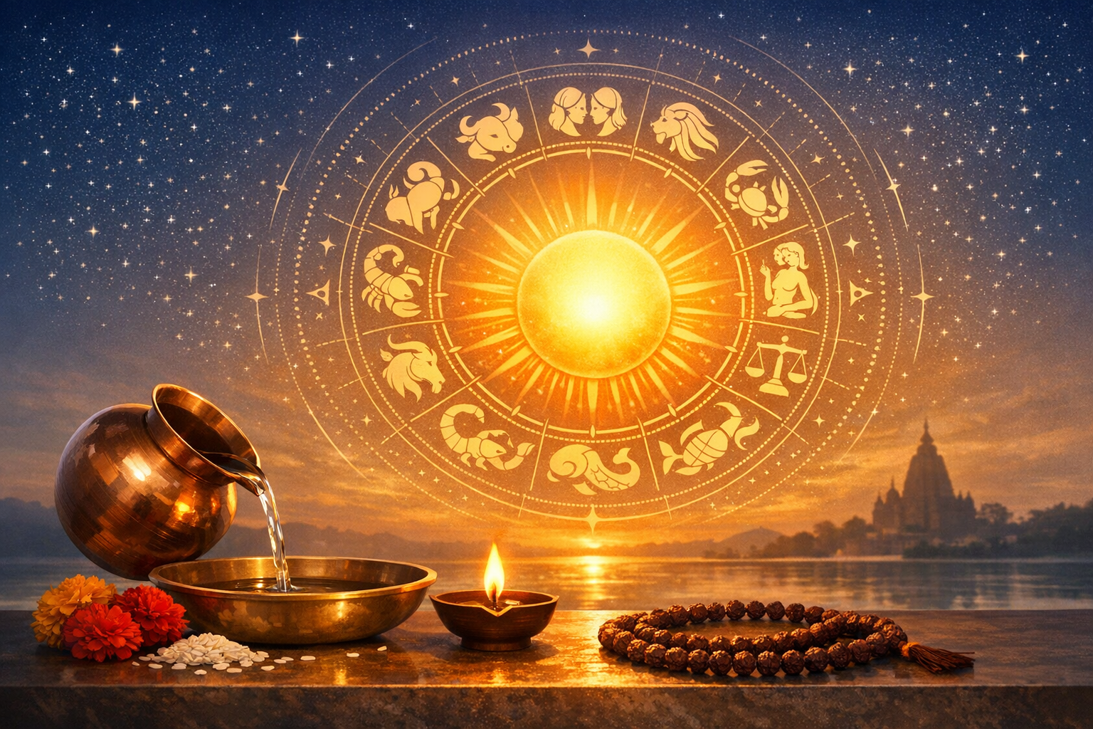 Golden zodiac astrology wheel with radiant sun over a riverside puja: copper kalash pouring water into a bowl, lit diya, marigolds, rice, and Rudraksha mala at dawn beside a temple under a starry sky.