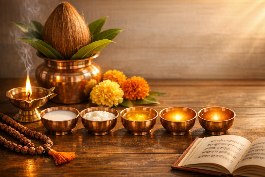 Copper puja setting with a lit oil diya, a kalash holding coconut and mango leaves, marigold flowers, rudraksha mala, and five bowls of panchamrit beside an open Sanskrit scripture on a wooden table.