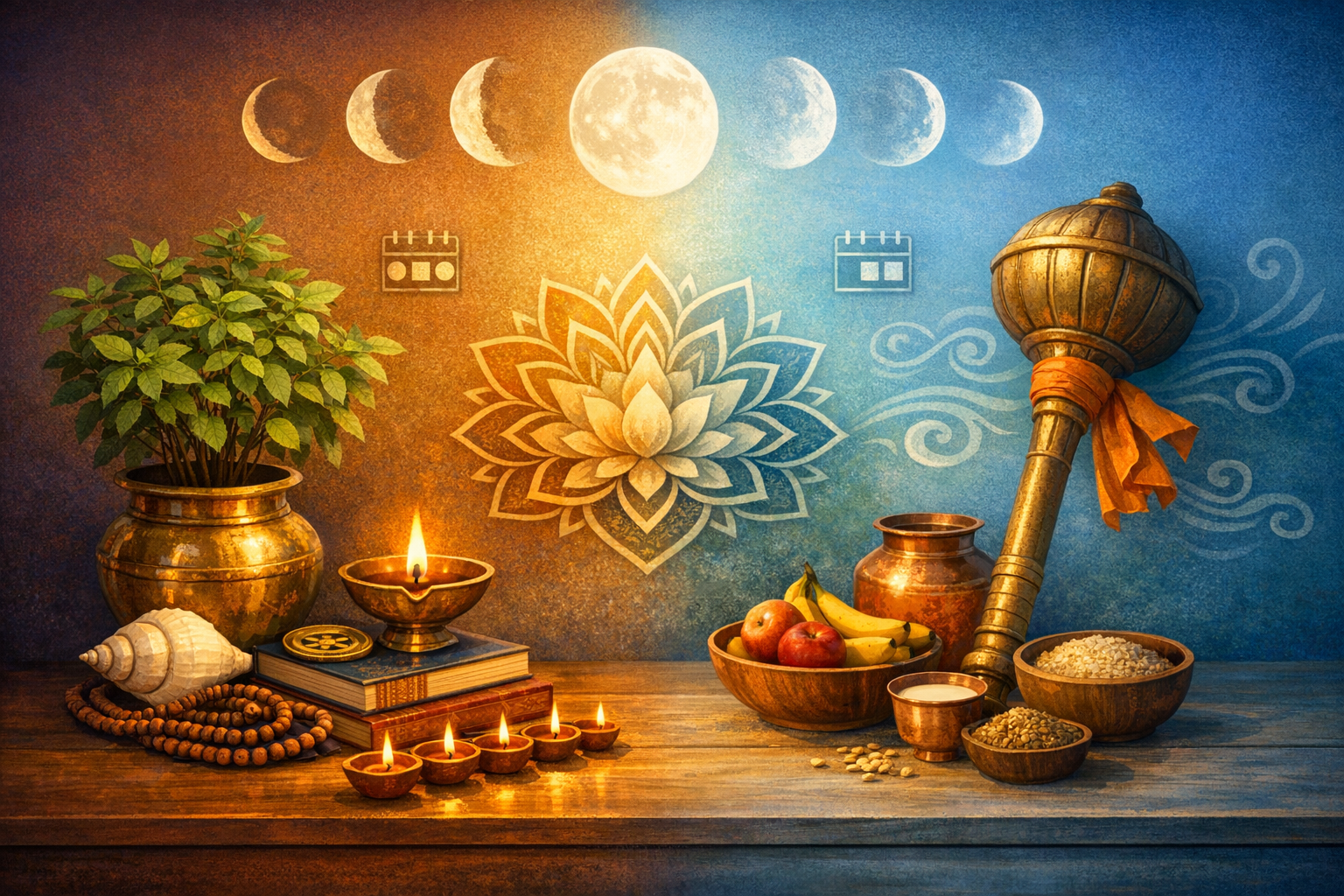 Devotional altar split warm and cool: tulsi in a brass pot, lit diyas, conch and mala; above, moon phases and a lotus. On the right, a Vishnu gada, copper pots, fruits and milk, evoking Ekadashi.