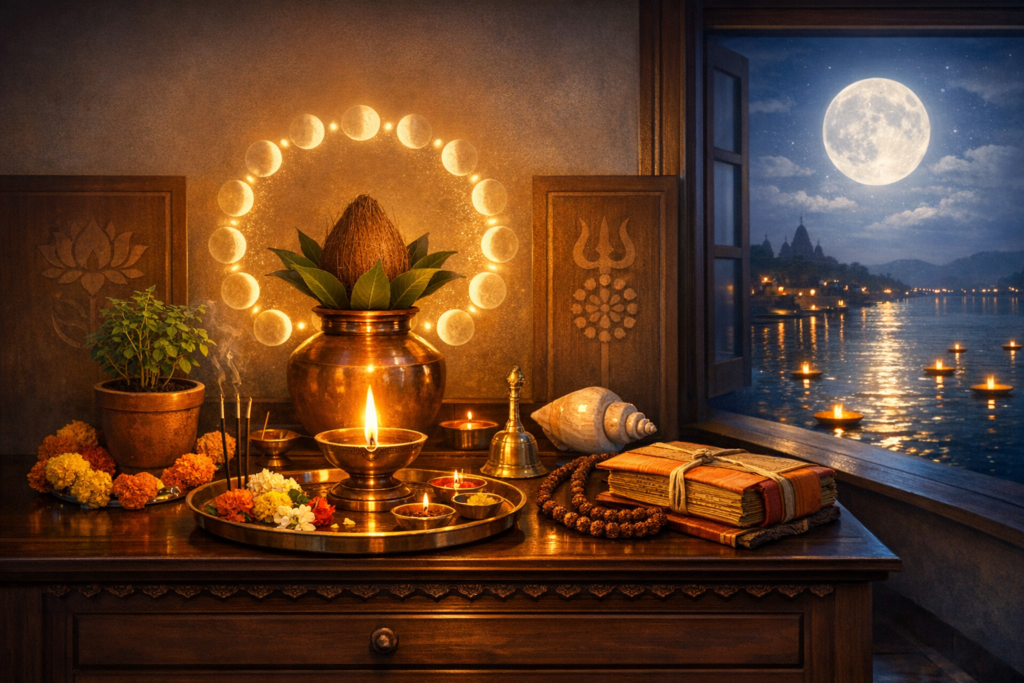 Home shrine on a full-moon night: diyas burn beside a tulsi plant, copper kalash with coconut and mango leaves, incense and conch; glowing moon phases and river lamps seen through the window.