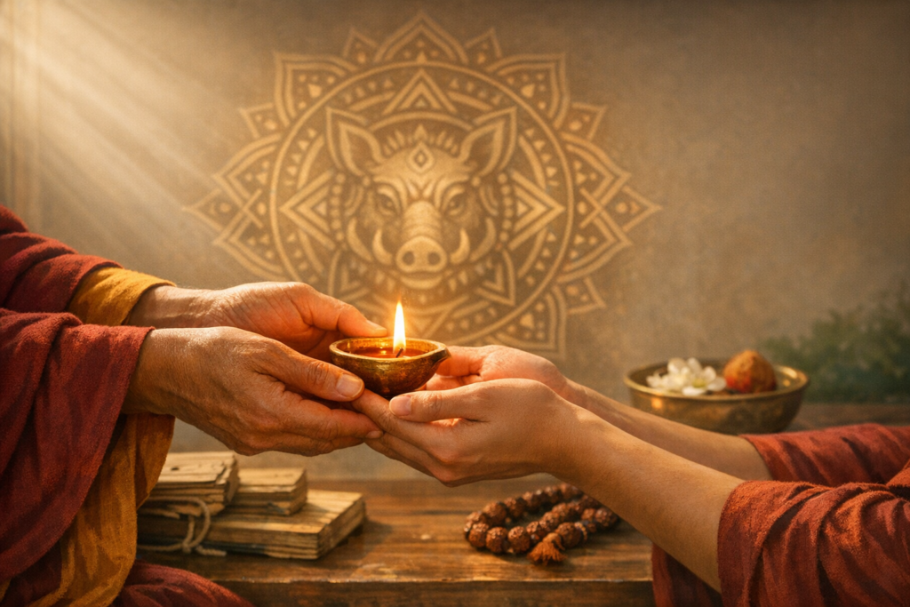 Hands exchange a small oil lamp over a wooden altar with prayer beads and palm-leaf texts, set before a boar-motif mandala; warm light conveys ceremony, mindfulness, and tradition.