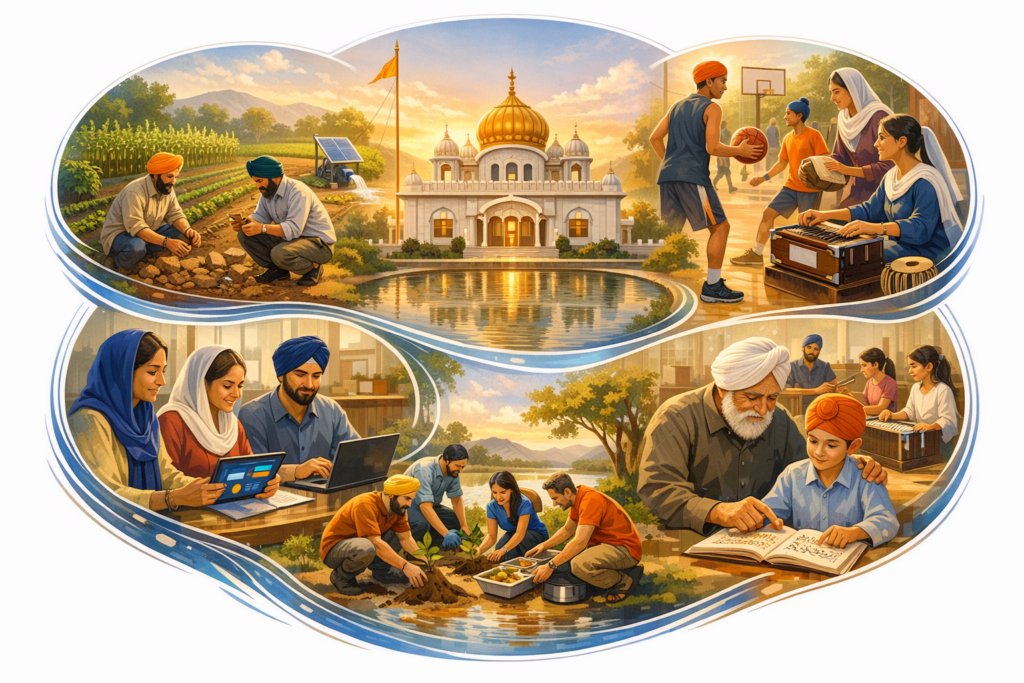 Illustrated collage of village life: a gold-domed temple by a pond, solar-powered farming, youths playing basketball and music, families learning on laptops, elders mentoring, and neighbors gardening.