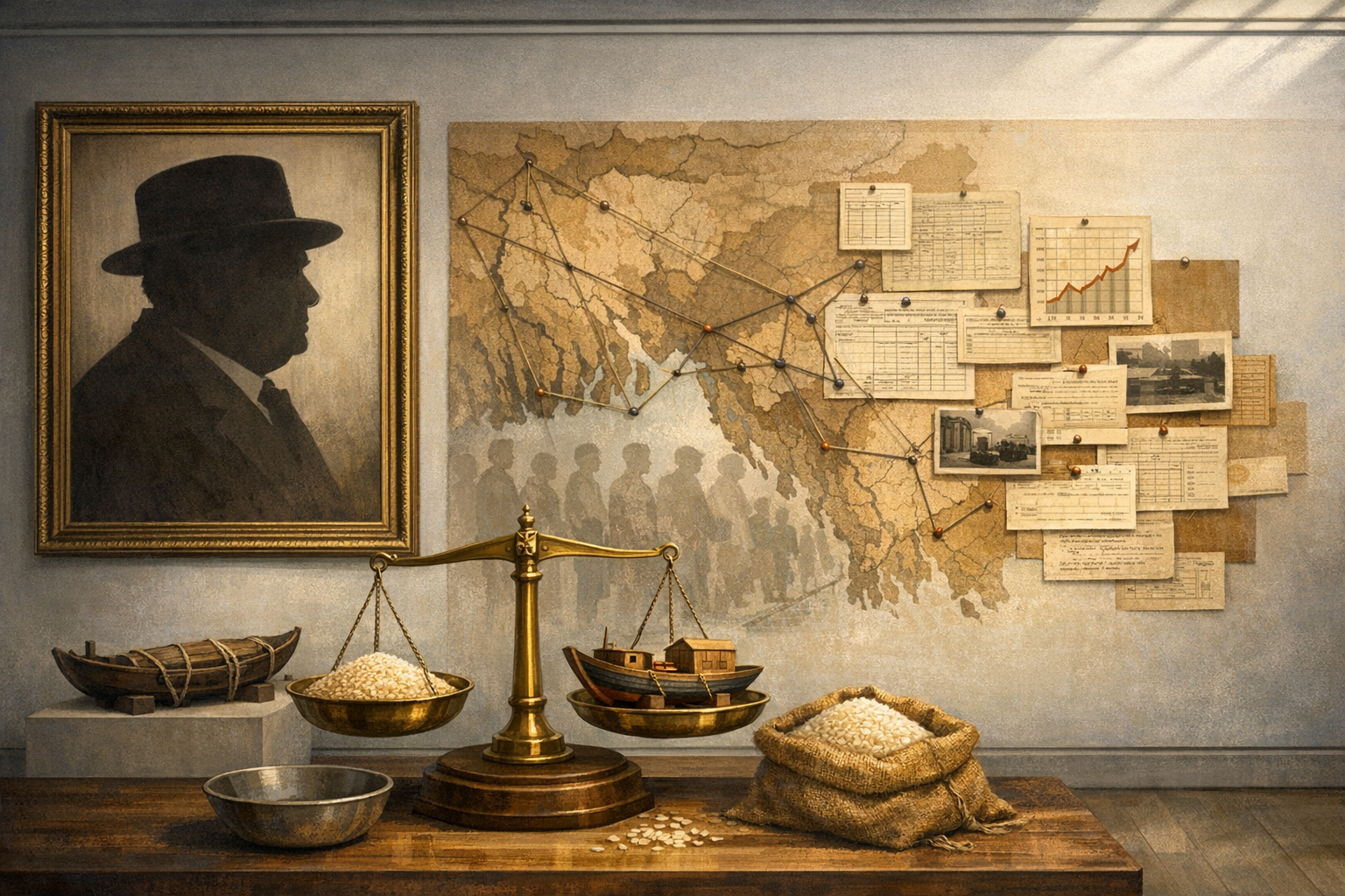 Vintage study with a balance scale weighing rice and a model cargo boat before a pinned trade map, layered with charts and ledgers—evoking rice trade, supply chains, and economic history.