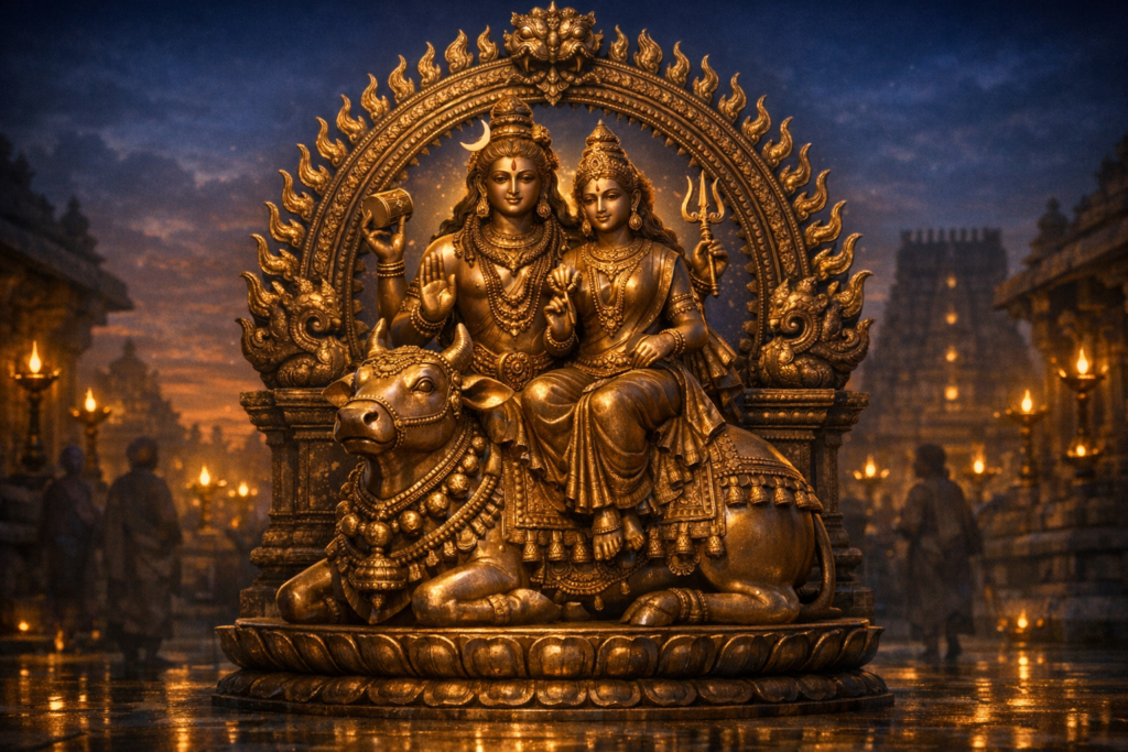 Intricate golden-toned metal sculpture of Shiva and Parvati seated on Nandi, framed by a flaming arch, with trident and crescent motifs, amid oil lamps in a South Indian temple courtyard at dusk.