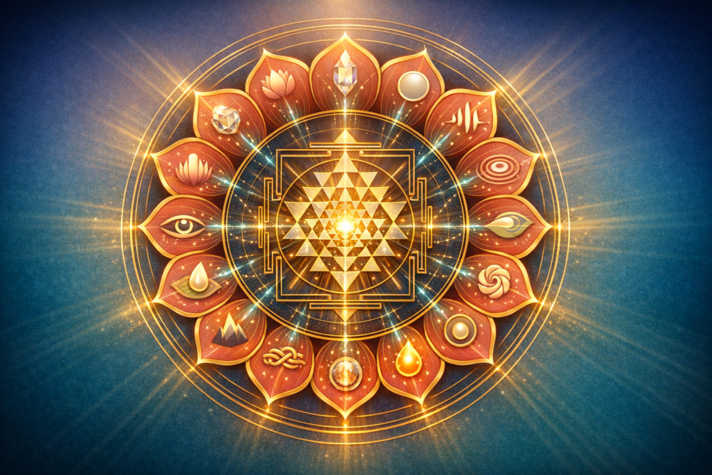 Radiant mandala of sacred geometry with a golden Sri Yantra at the center, encircled by red lotus petals bearing symbolic icons, glowing light rays, and concentric rings on a deep blue background.