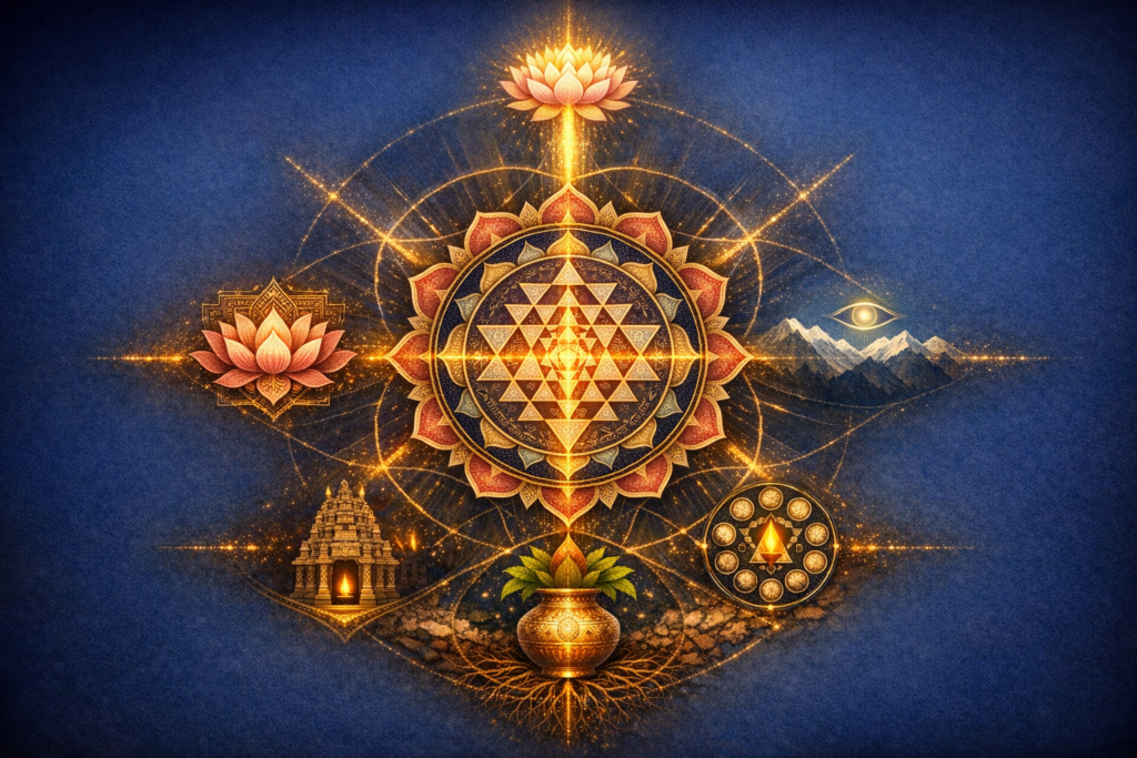 Golden Sri Yantra on midnight blue, encircled by lotuses, a temple flame, a kalash with roots, a Navagraha wheel, mountains and an eye, all linked by radiant sacred geometry; {post.categories}