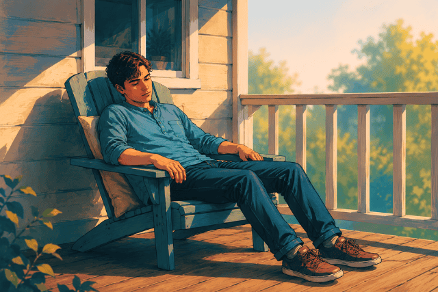 Illustration of a young man in a blue shirt and jeans resting with eyes closed in an Adirondack chair on a sunny porch, soft golden light, trees beyond, shoes crossed, quiet afternoon scene.