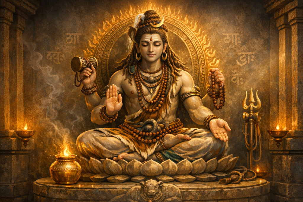 Lord Shiva in meditation on a lotus, encircled by a fiery halo; he holds a damaru and mala, with trishul beside him, crescent moon, rudraksha beads, Sanskrit script and lamps in a stone temple.