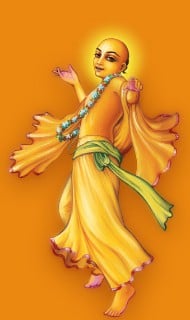 Illustration of a robed spiritual figure with halo and garland, arms uplifted in a dance pose on an orange backdrop; visual for an article on devotion as both a calling and a deliberate choice.