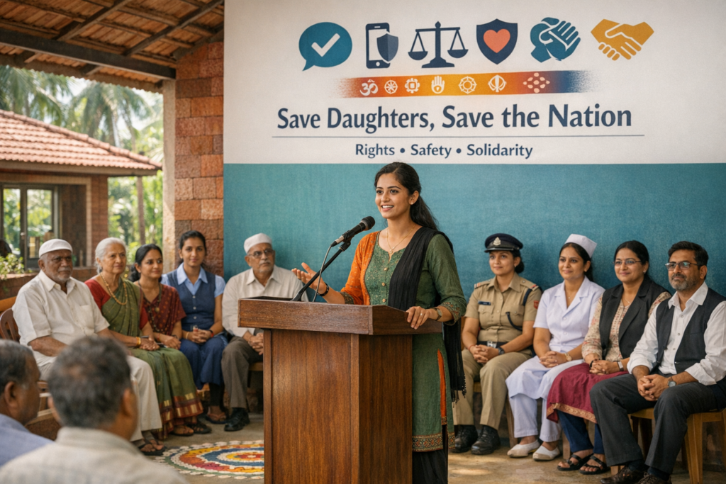 At a community forum, a woman speaks at a podium under a 'Save Daughters, Save the Nation' banner while elders, police officer and nurse look on, affirming girls' rights, safety and gender equality.