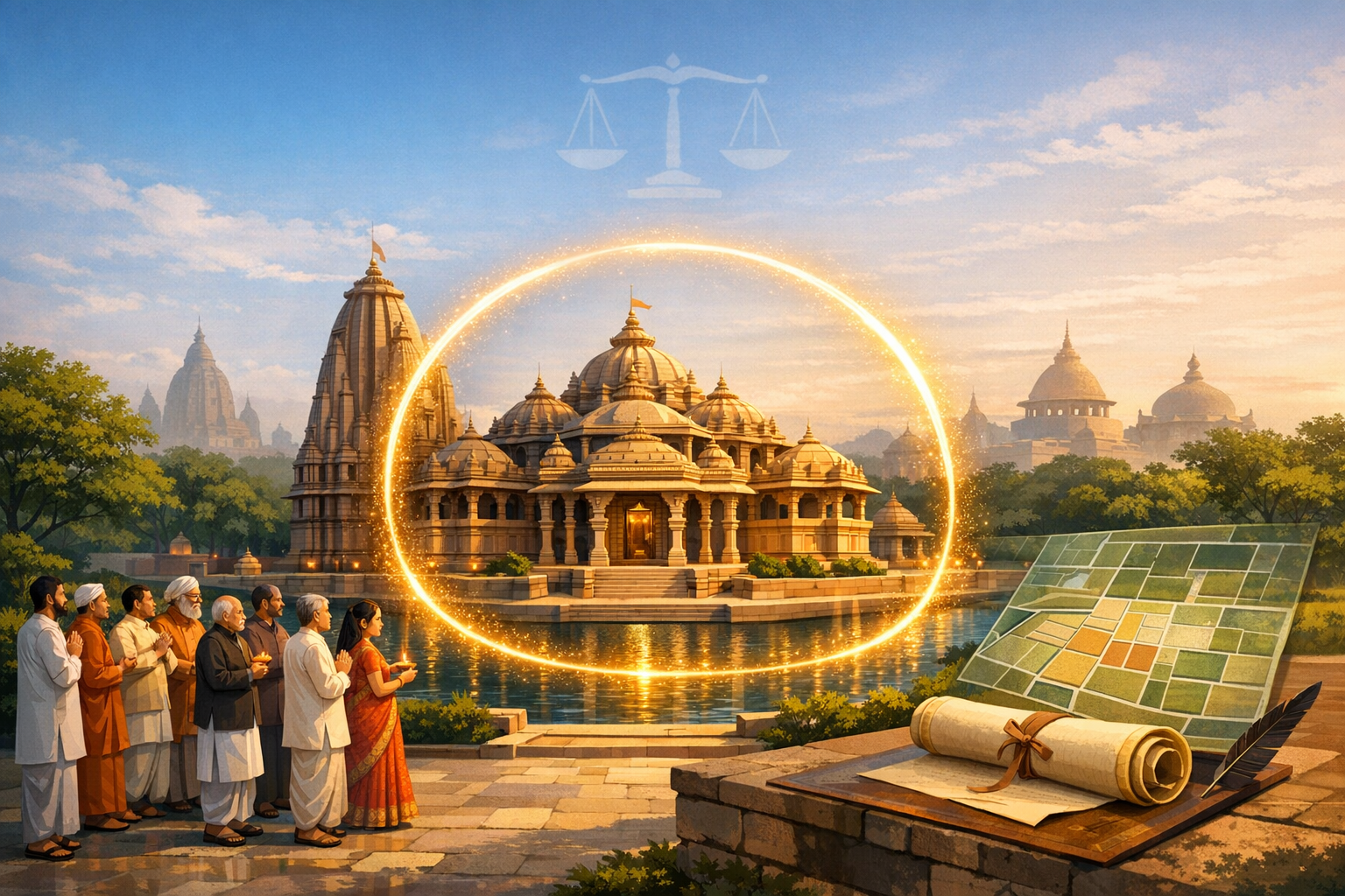 Devotees pray beside a riverside stone temple encircled by a glowing ring. A parcel map and legal scrolls rest, with a faint justice scales icon—signaling heritage preservation, zoning, land law.