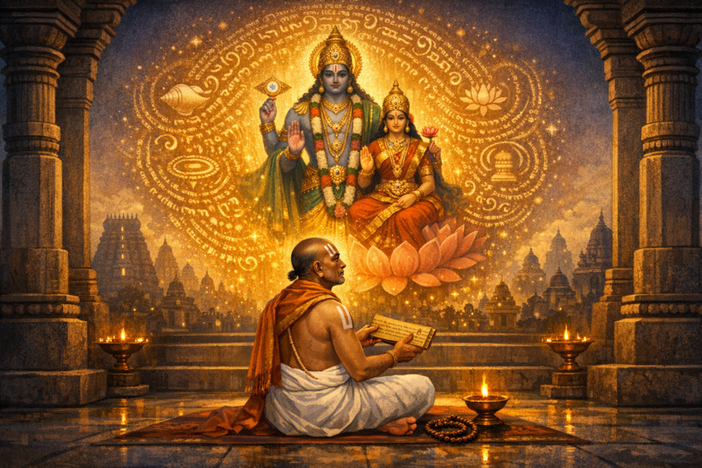 Illustration of a Hindu sage reading a palm-leaf manuscript in a stone temple lit by oil lamps, witnessing a golden vision of Vishnu and Lakshmi on a lotus, encircled by sacred Sanskrit script.