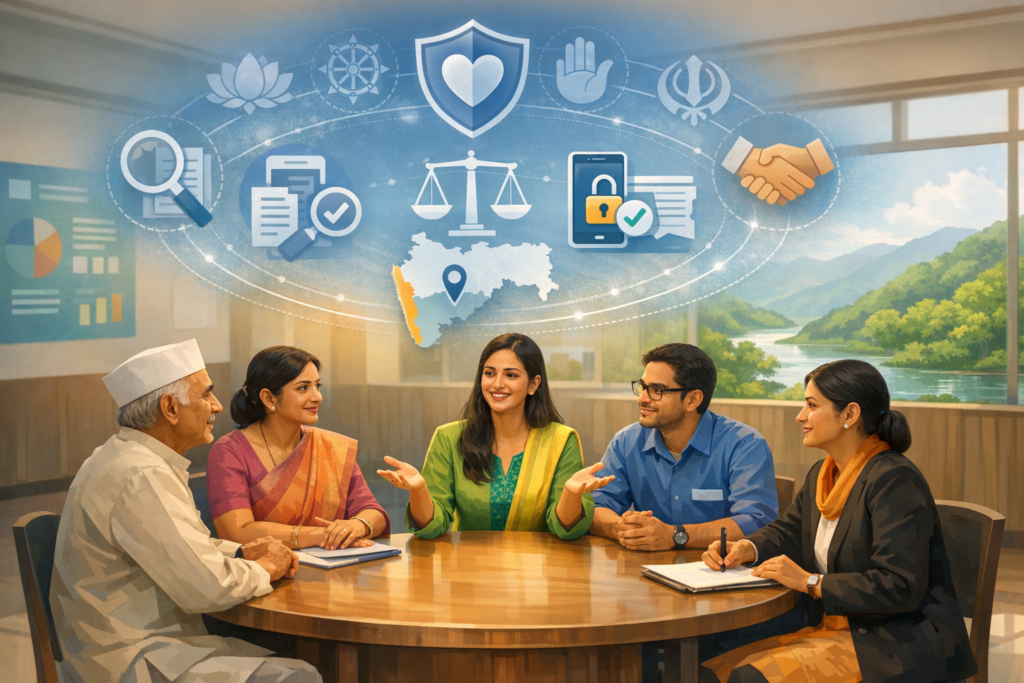 Five people meet at a round table in a bright office, discussing policy. Above them, icons show a heart shield, scales, documents, a lock, handshake, and interfaith symbols; {post.categories}