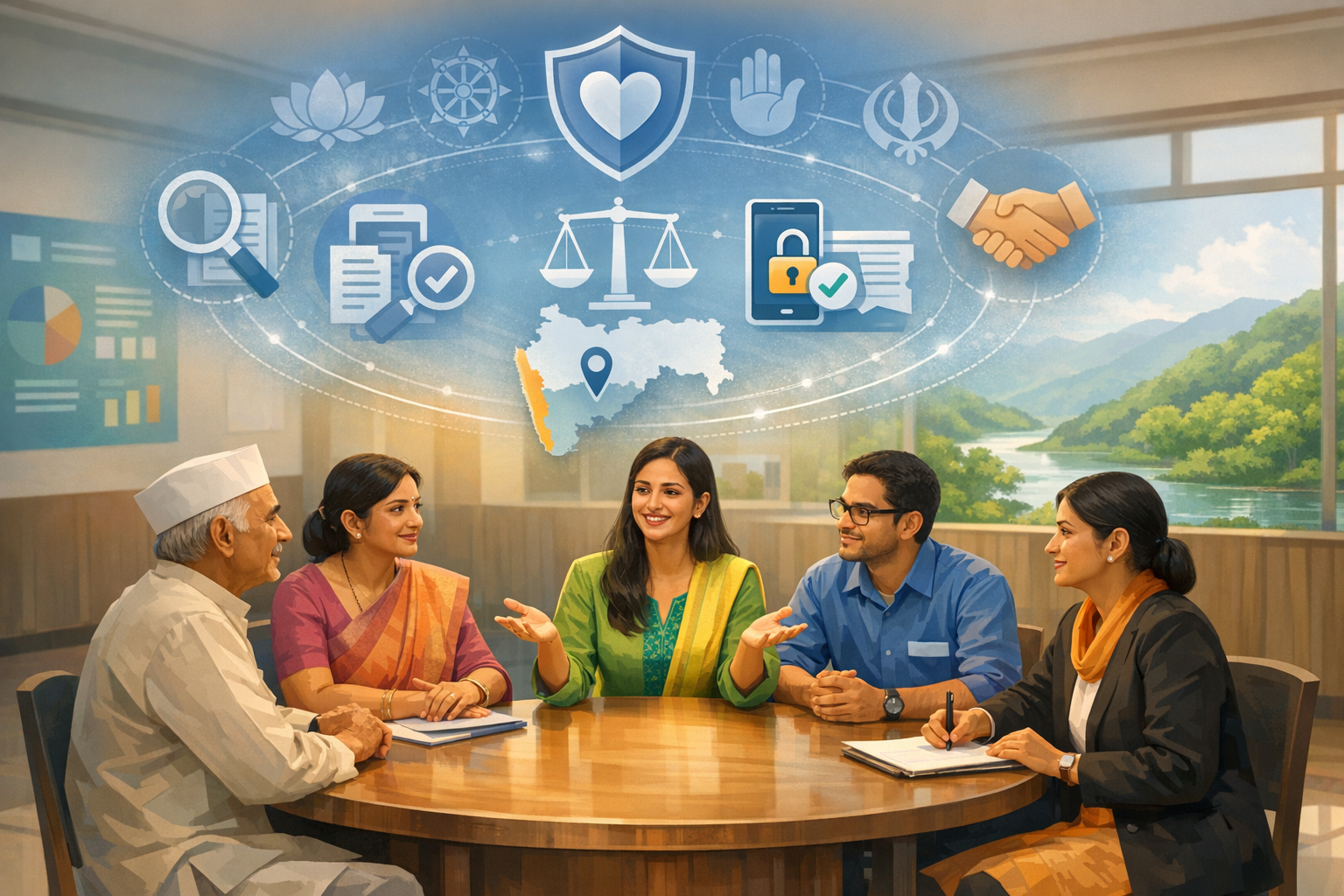 Five people meet at a round table in a bright office, discussing policy. Above them, icons show a heart shield, scales, documents, a lock, handshake, and interfaith symbols; {post.categories}