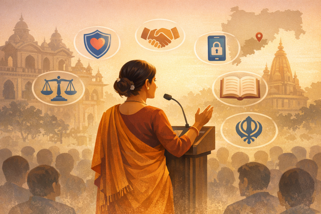 Illustration of a woman in a sari speaking at a podium to a crowd, with icons for justice, healthcare, data privacy, education and faith, plus a state map against Indian architectural silhouettes.