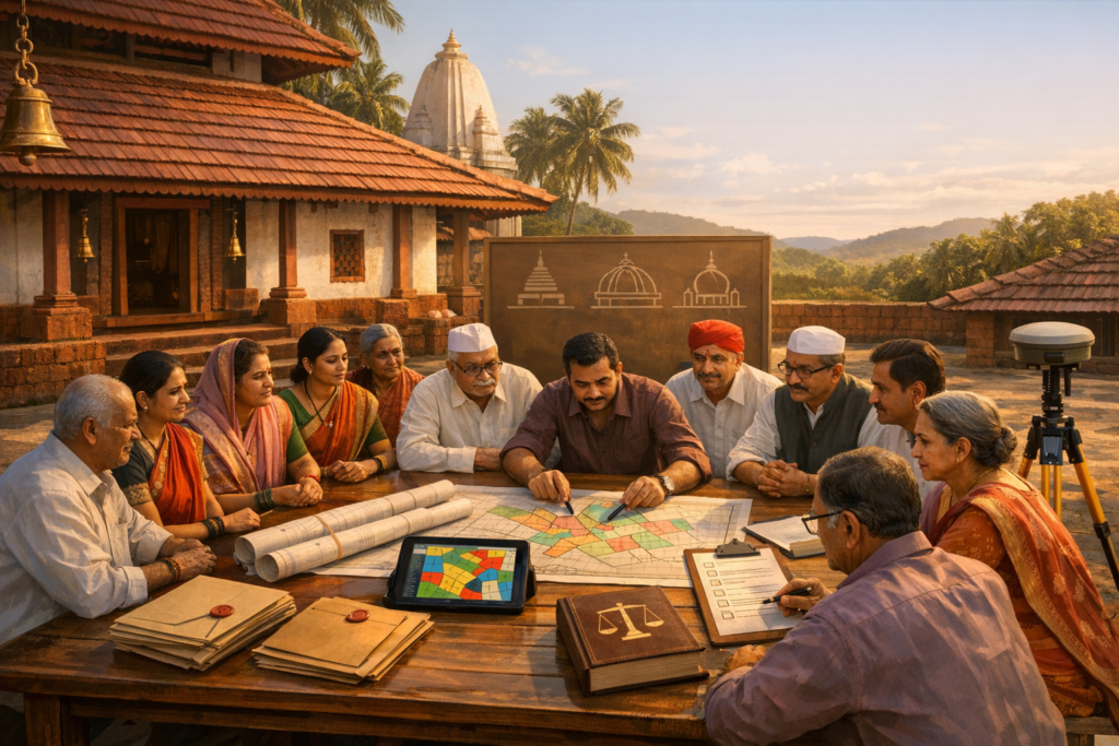 Village council meets in a temple courtyard, reviewing land-use maps on paper and tablet beside survey gear and legal files, discussing zoning, land records, rural development, and community planning.