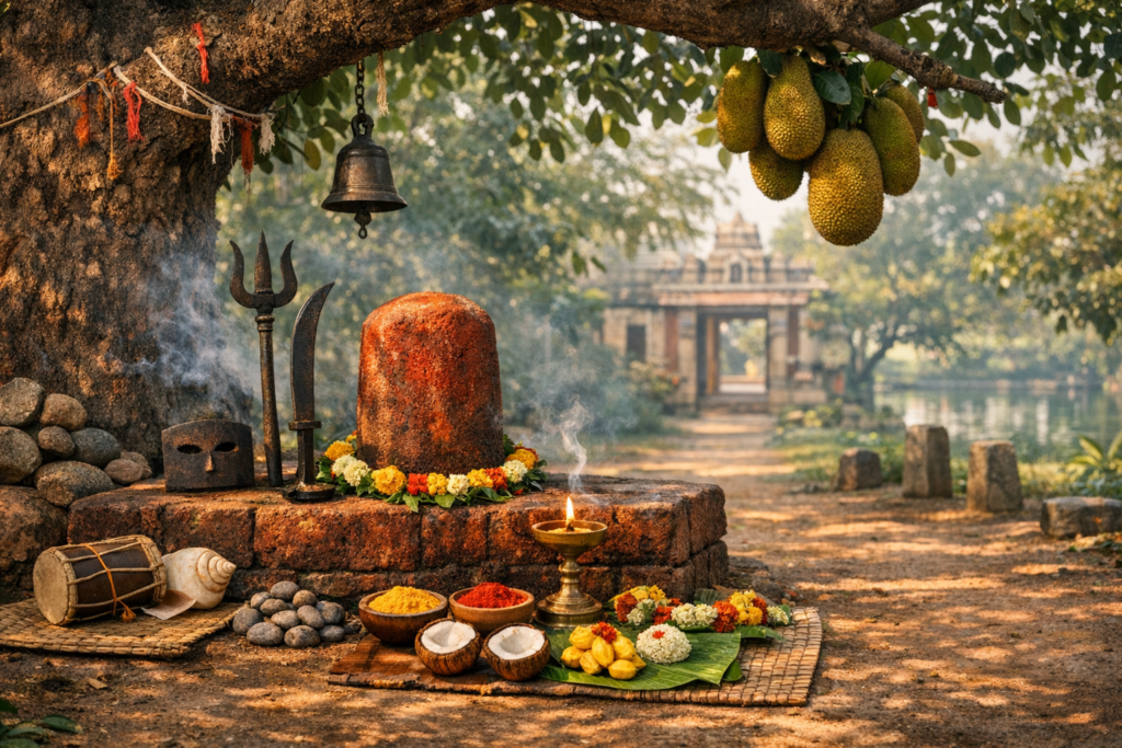 Shiva shrine beneath a leafy tree: stone lingam with marigold garland, trishul and bell, smoking oil lamp, coconuts, turmeric and kumkum; jackfruit overhead and a temple path beyond in India.