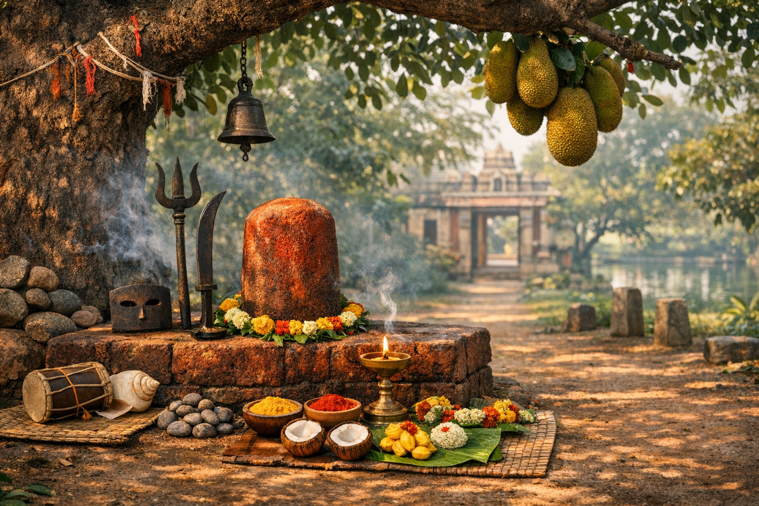 Shiva shrine beneath a leafy tree: stone lingam with marigold garland, trishul and bell, smoking oil lamp, coconuts, turmeric and kumkum; jackfruit overhead and a temple path beyond in India.