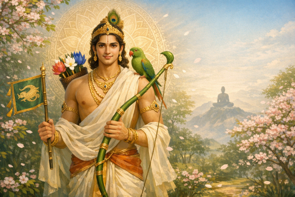 Ornate Indian mythological painting of a regal archer in white drapery, jeweled crown with peacock plume, holding a green bow and parrot, blossoms around, and a meditating figure on a distant hill.