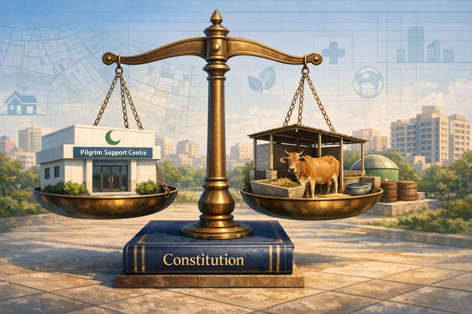 Golden scales of justice on a Constitution book. One pan holds a Pilgrim Support Centre; the other a cowshed with a cow, highlighting governance, religious freedom and animal welfare in urban life.