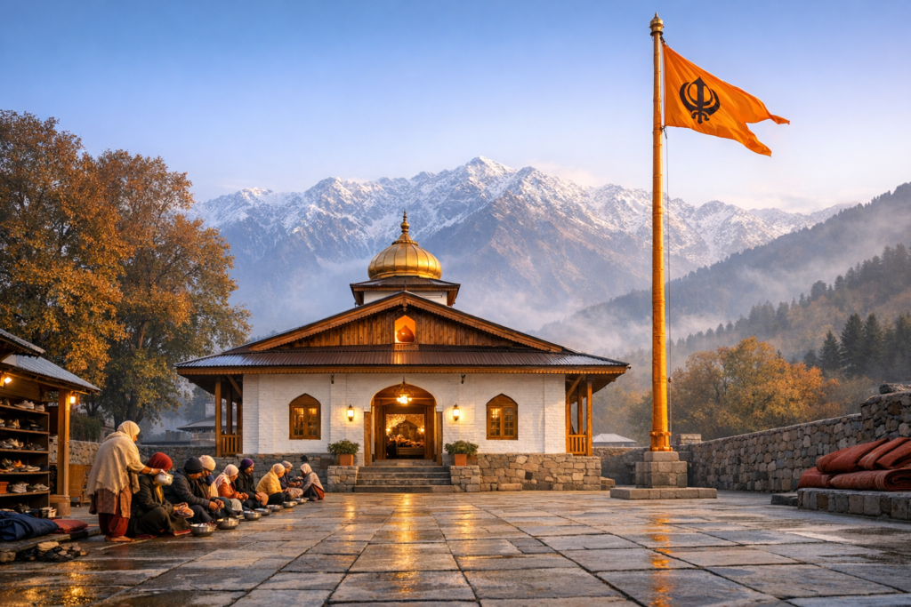 Himalayan gurdwara at sunrise with a golden dome and saffron Nishan Sahib flag; snow-capped peaks and pine forests behind as people sit on a wet stone courtyard for langar.