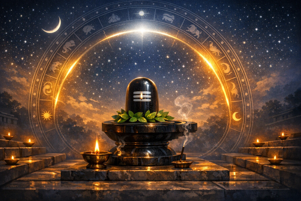 Polished black Shiva lingam on a stone pedestal, ringed with bilva leaves; oil lamps and incense flicker on temple steps beneath a starry sky and a glowing zodiac arc crowned by crescent moons.