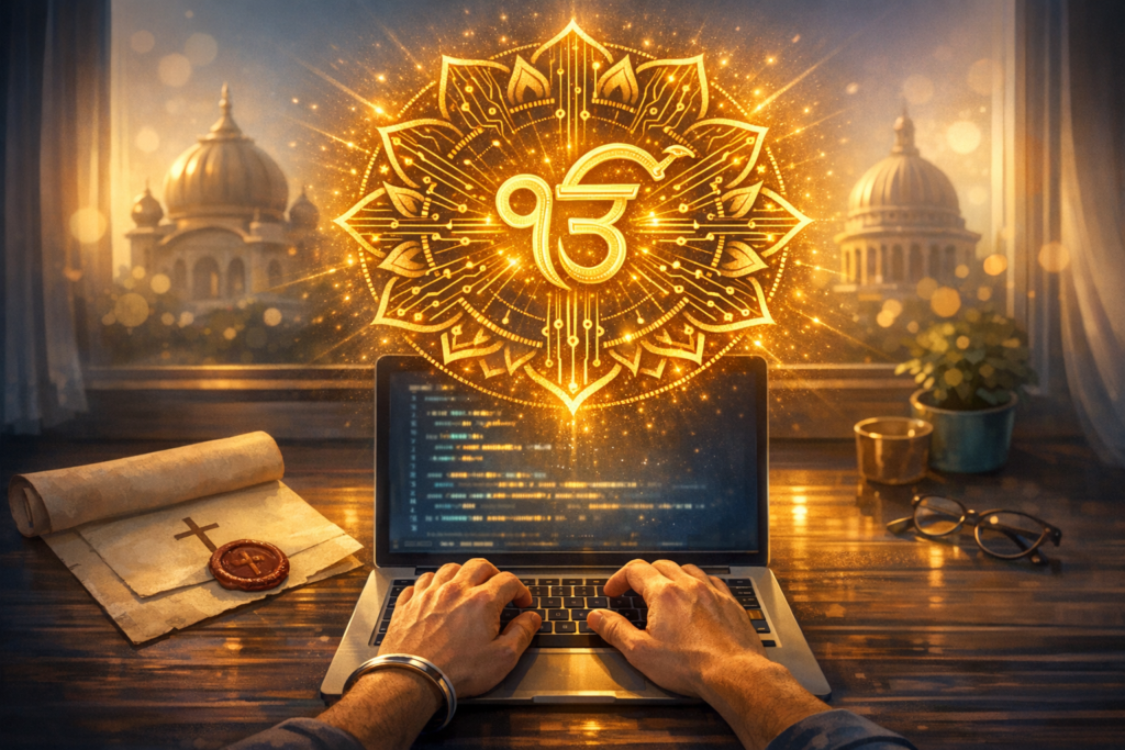 Hands type on a laptop of code beneath a glowing Ik Onkar mandala; domed buildings outside, a scroll and glasses nearby, blending technology, spirituality, and interfaith themes.