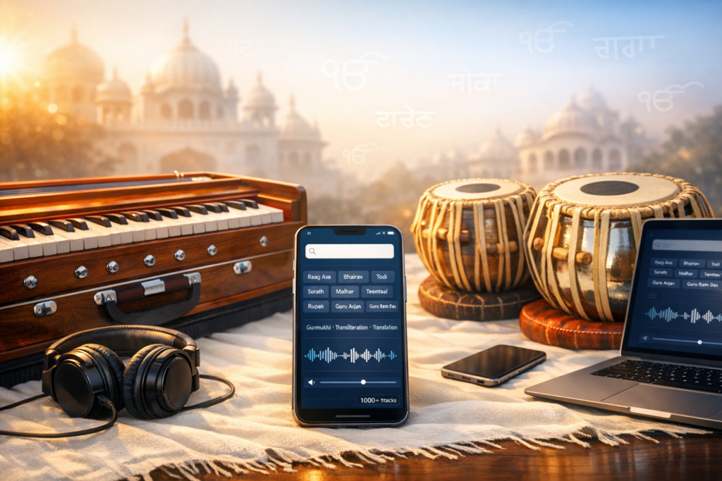 Harmonium, tabla, headphones, and a laptop surround a smartphone showing a Sikh kirtan app with raag names in Gurmukhi and waveforms, on a cloth-draped table before a sunlit gurdwara backdrop.