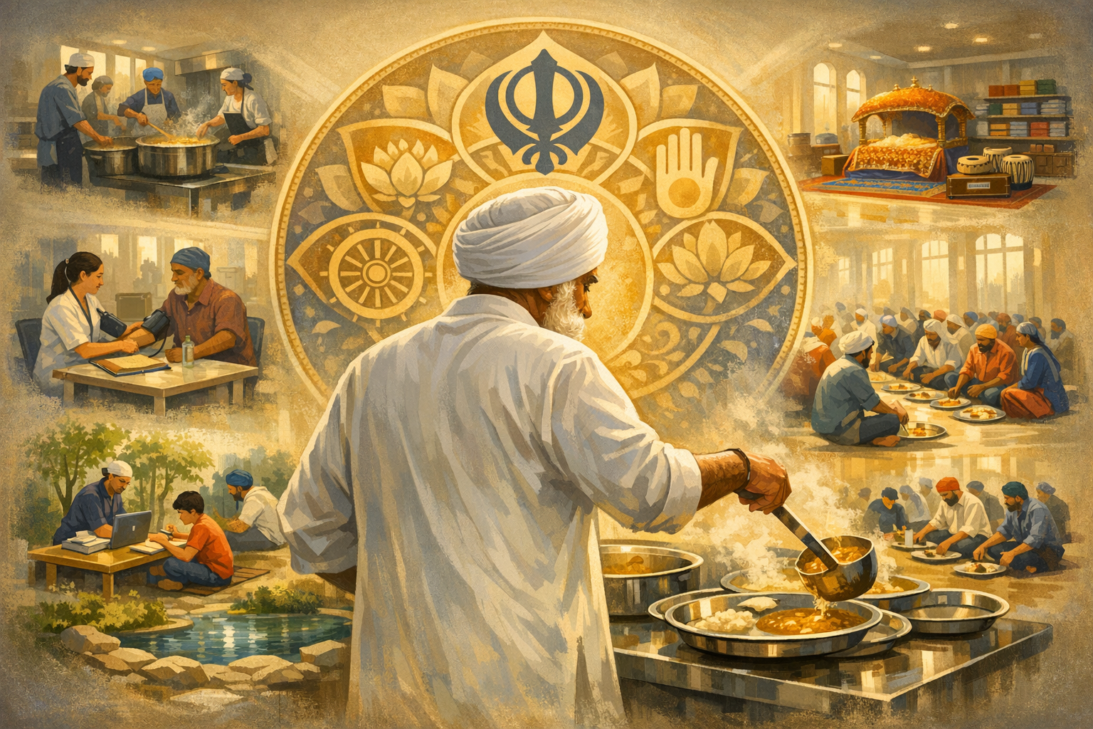 Illustrated collage of seva and langar: volunteers cook and serve a communal meal as a turbaned elder ladles curry; panels show health care, tutoring, and a scripture dais under the Khanda of Sikhism